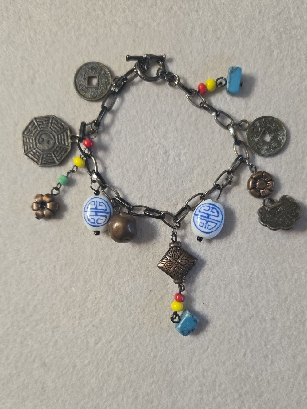 Asian Inspired Charm Enamel Beads Coins Charm Dangle Bracelet 7"
